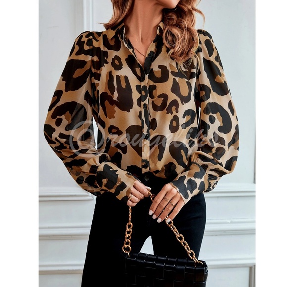 Brown Tan Sheer Button Down Cheetah Leopard Print Blouse Shirt Collared Animal - Picture 2 of 7